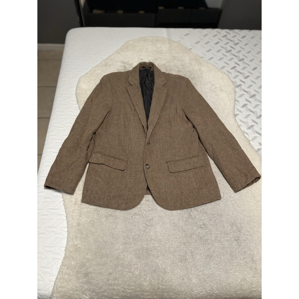 LL BEAN Brown Herringbone Blazer Jacket Primaloft Quilted Lining Wool Blend 40S